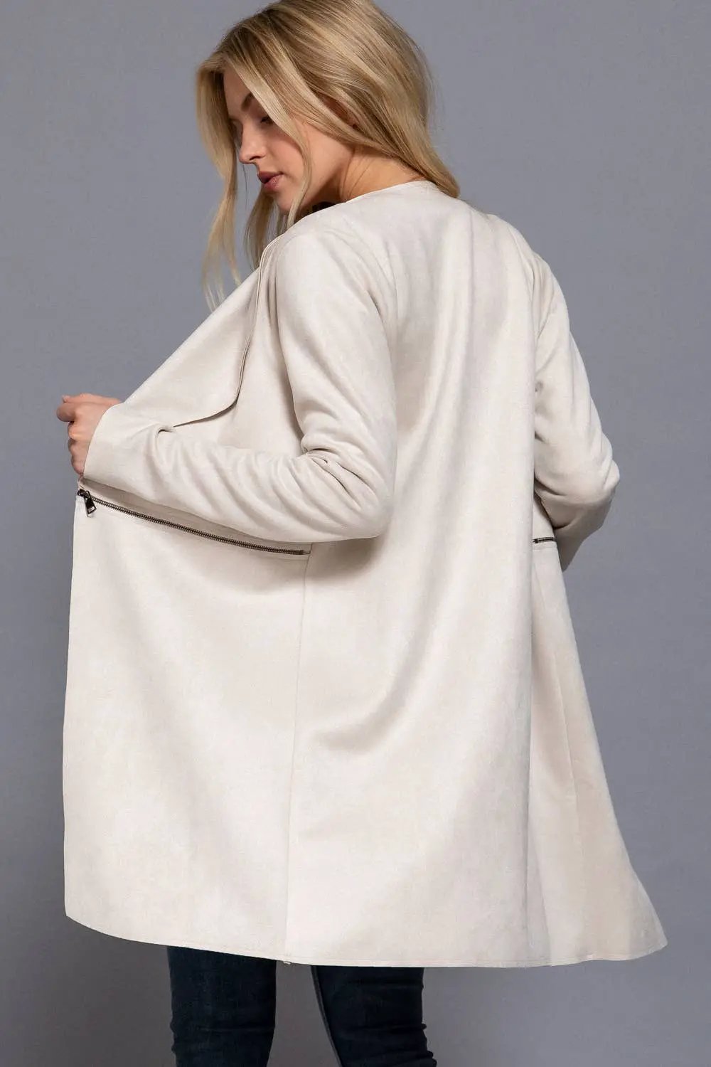 Active Basic | Active USA Active Basic | Active USA - Long Sleeve Front Two Zipper Detail Faux Suede Long Jacket in IVY - Coats & Jackets Long Sleeve Front Two Zipper Detail Faux Suede Long Jacket