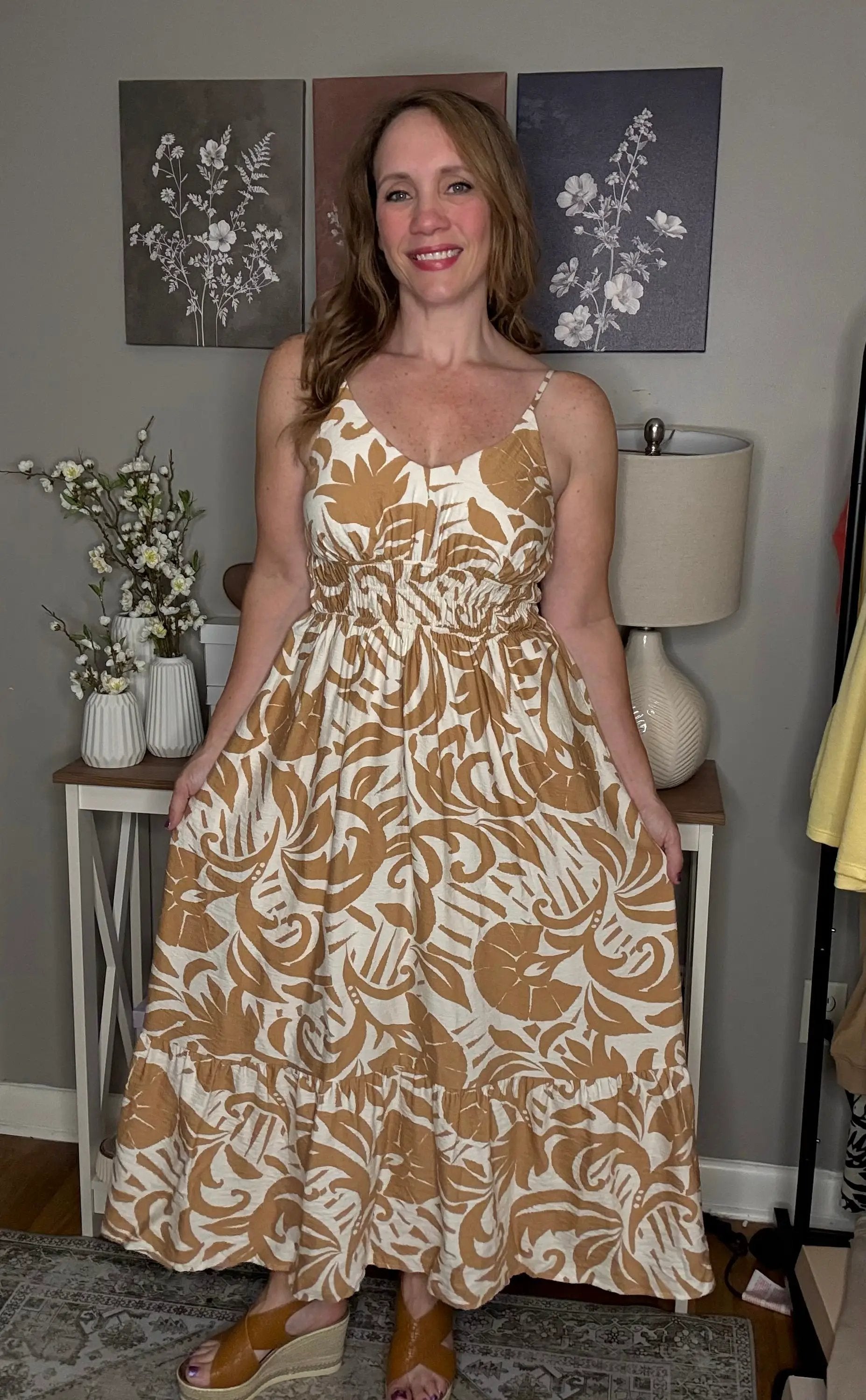 Grateful Threads Boutique Khaki Floral Shirred High Waist Spaghetti Straps Maxi Dress - Dresses