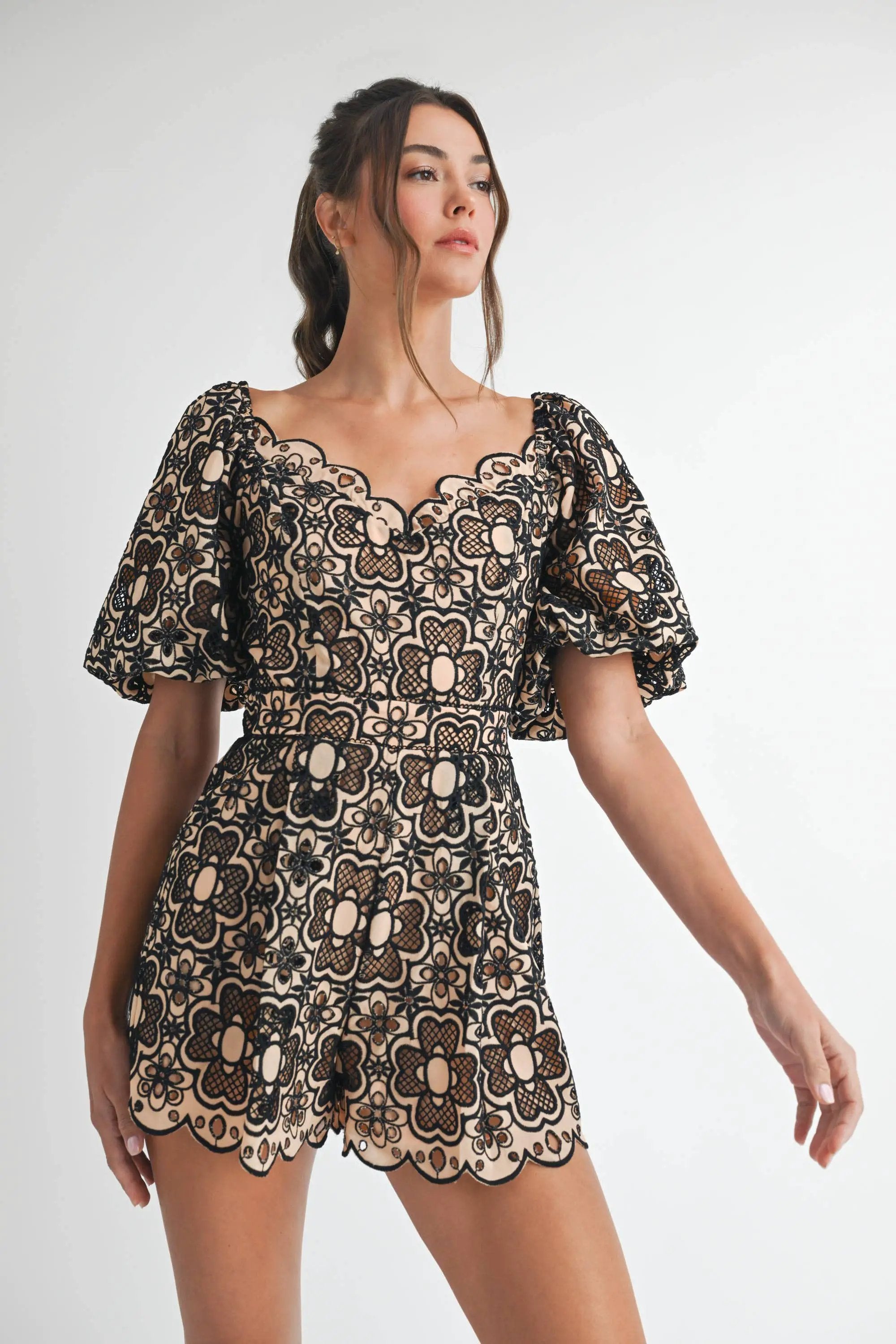 Endless Blu Endless Blu Taupe and Black Crochet Short Sleeve Romper - One-Pieces