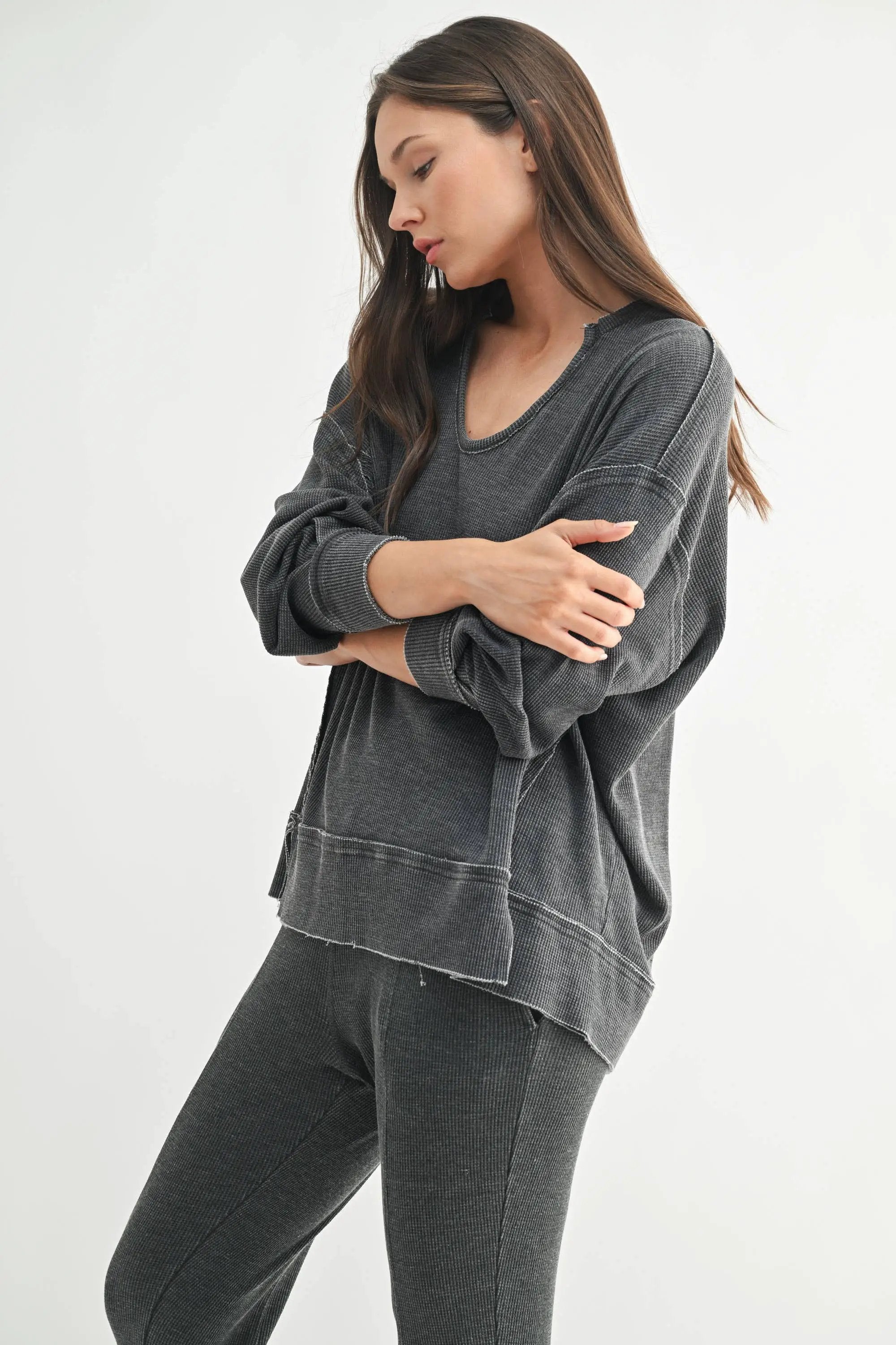 Mono B Mono B - Cotton Blend Waffle Knit Oversized Long Sleeve - Sweatshirts Mono B - Cotton Blend Waffle Knit Oversized Long Sleeve
