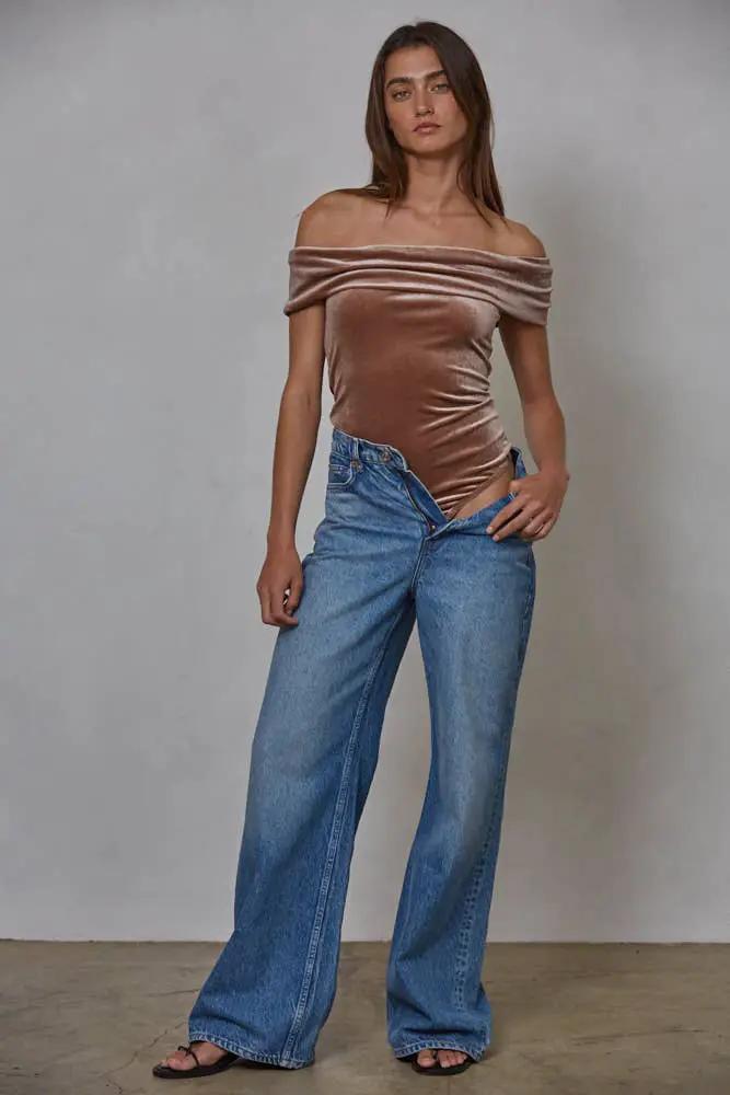 By Together Woven Polyester Spandex Velvet Fold over Bodysuit in Dusty Rose - Bodysuits Bodysuits