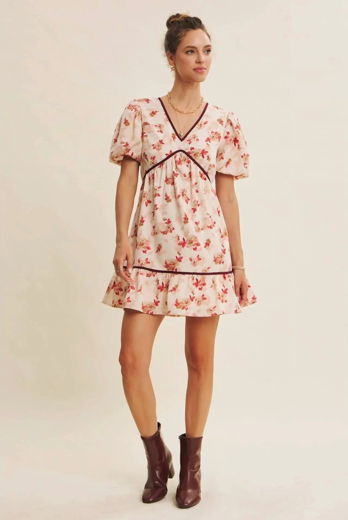 in february The Utterly Darling Cranberry Bubble Sleeved Mini Dress With Contrast Bow - Sweaters
