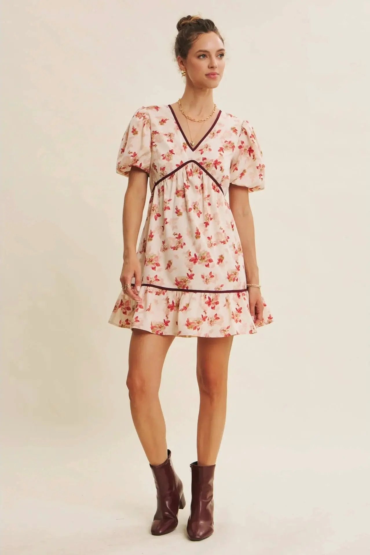 in february The Utterly Darling Cranberry Bubble Sleeved Mini Dress With Contrast Bow - Sweaters