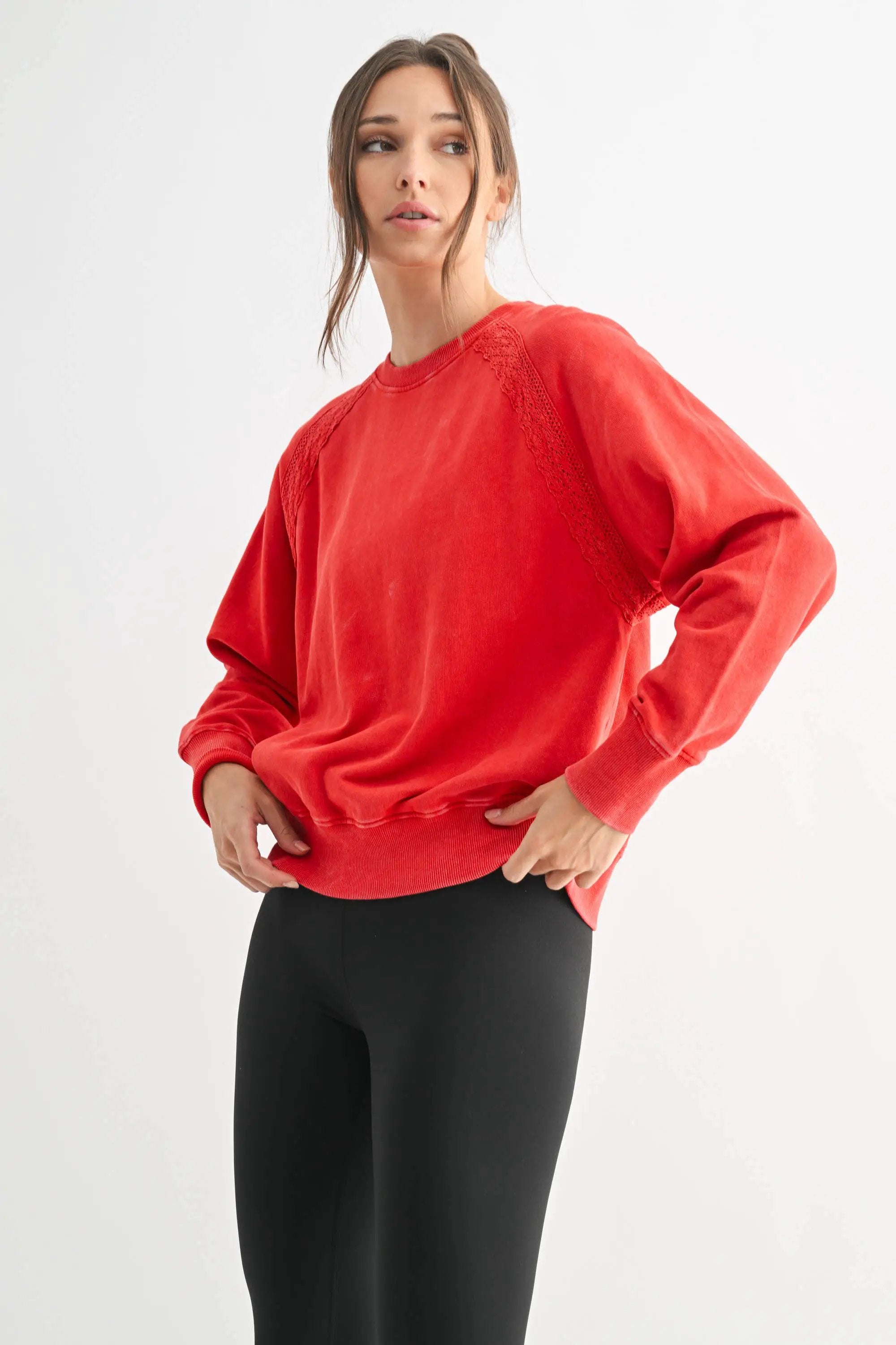 Mono B The Soft Bloom Mineral Wash Lace Crewneck Pullover: Glazed Cherry - Sweatshirts
