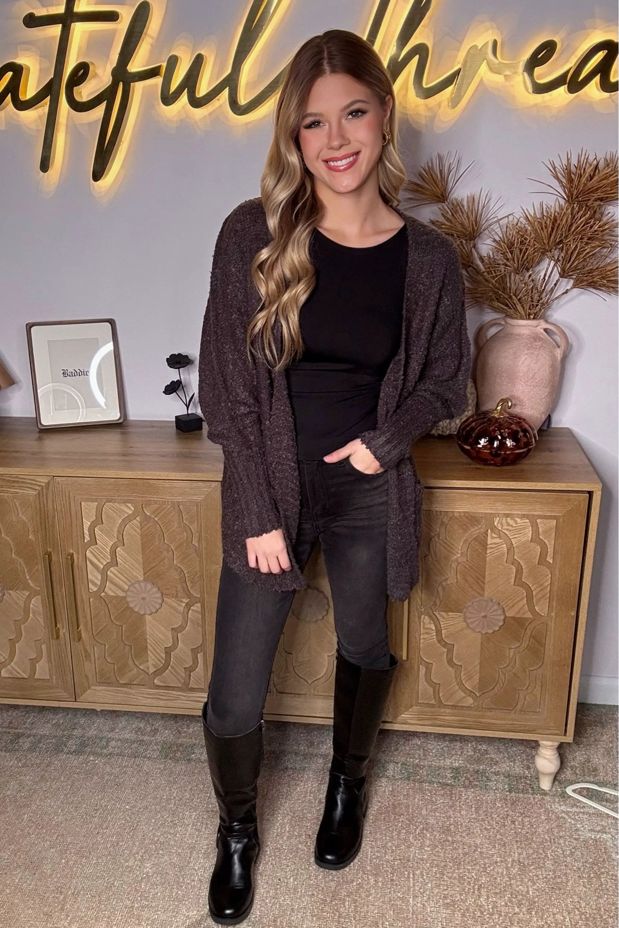 New In Knit Textured Two Pocket Open Front Cardigan - Cardigans