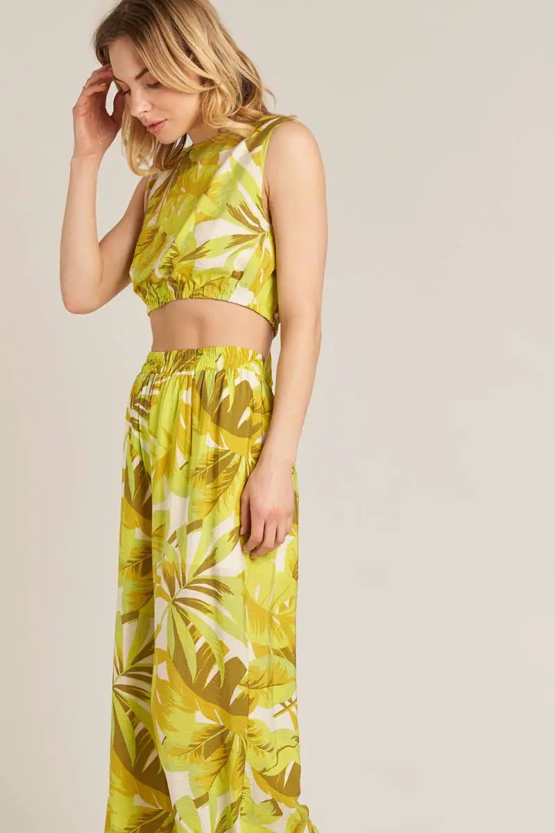 En Crème En Crème Multi Lime Printed Cropped Top and Wide Leg Pants Set - Outfit Sets crop top and wide leg pants set