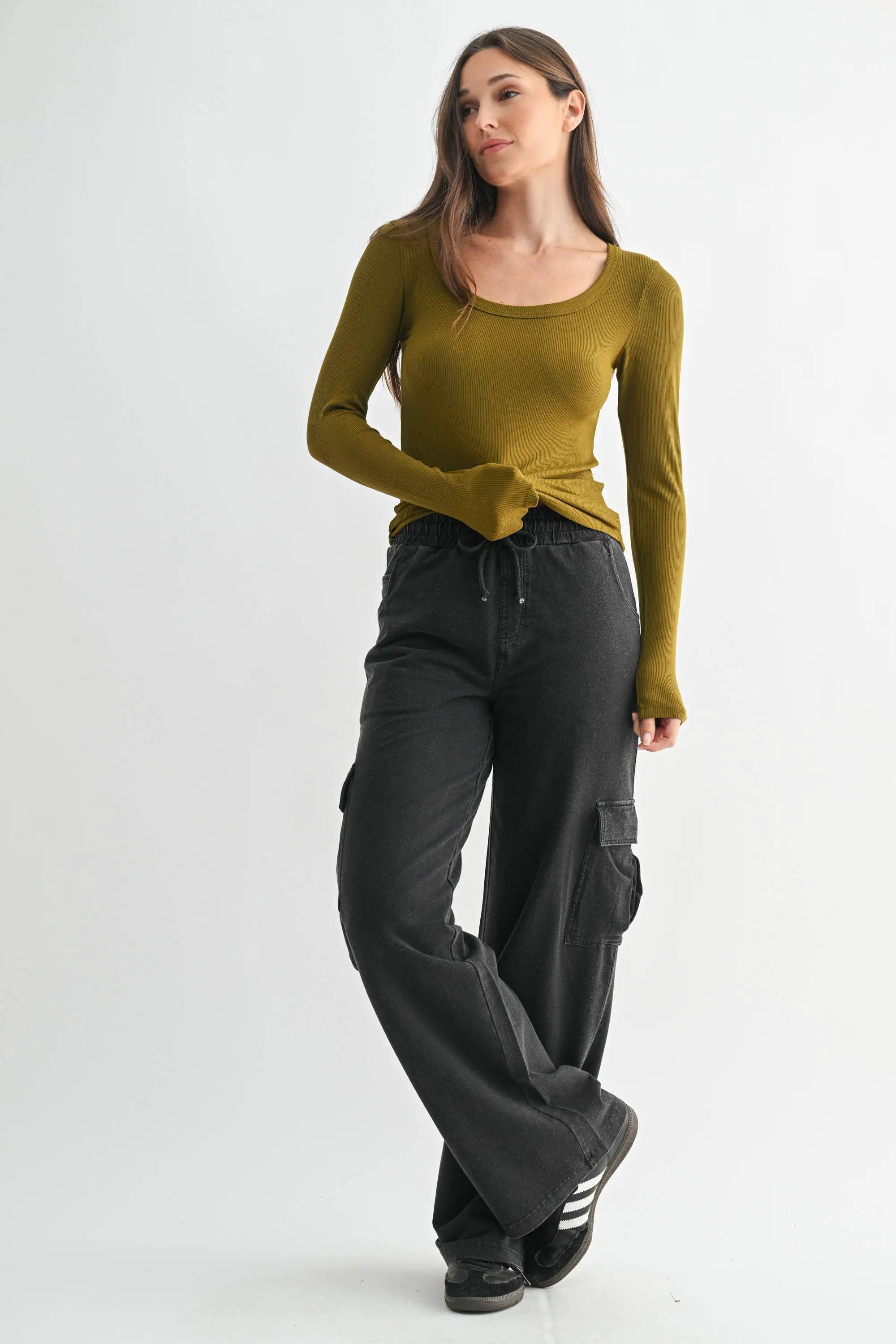 Mono B The Slim Fit Scoop Neck Micro-Ribbed Long Sleeve Top in Camo Green - Shirts Mono B - Slim Fit Scoop Neck Micro-Ribbed Long Sleeve Top