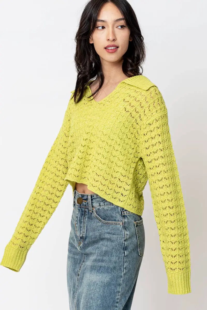 En Crème En Crème Lime Collared Long Sleeve Crochet Top - Clothing Tops