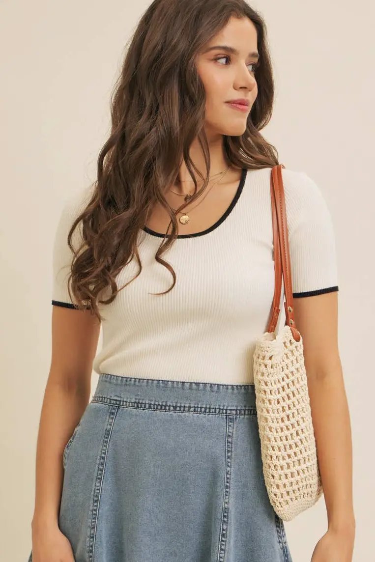 in february The Classic Charm Contrast Rib Sweater Top: Cream - Clothing Tops