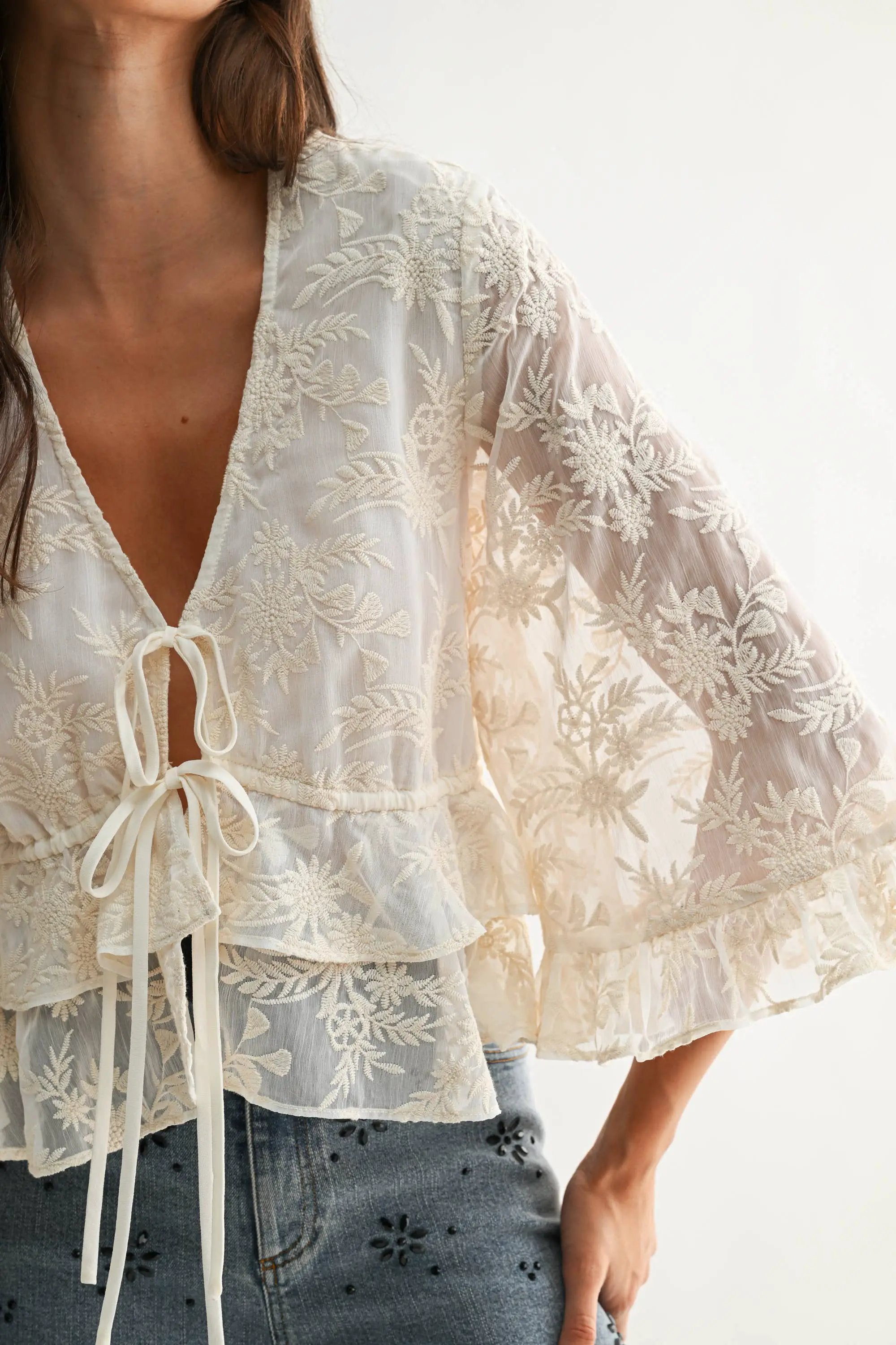 Camellia The Boho Embroidered Sheer Flowy Bell Sleeve Blouse: CREAM - Blouses