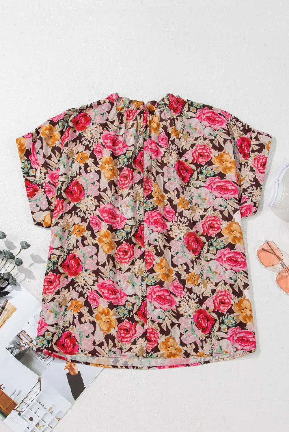 1 the Woman Rosé Garden Crewneck Blouse - Blouses Floral Print Crew Neck Short Sleeve Shift Blouse