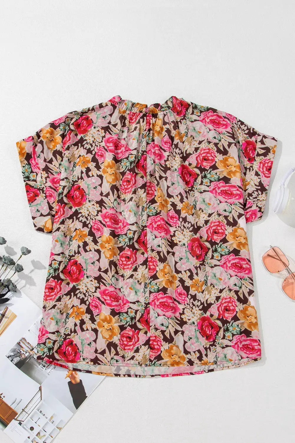 1 the Woman Rosé Garden Crewneck Blouse - Blouses Floral Print Crew Neck Short Sleeve Shift Blouse