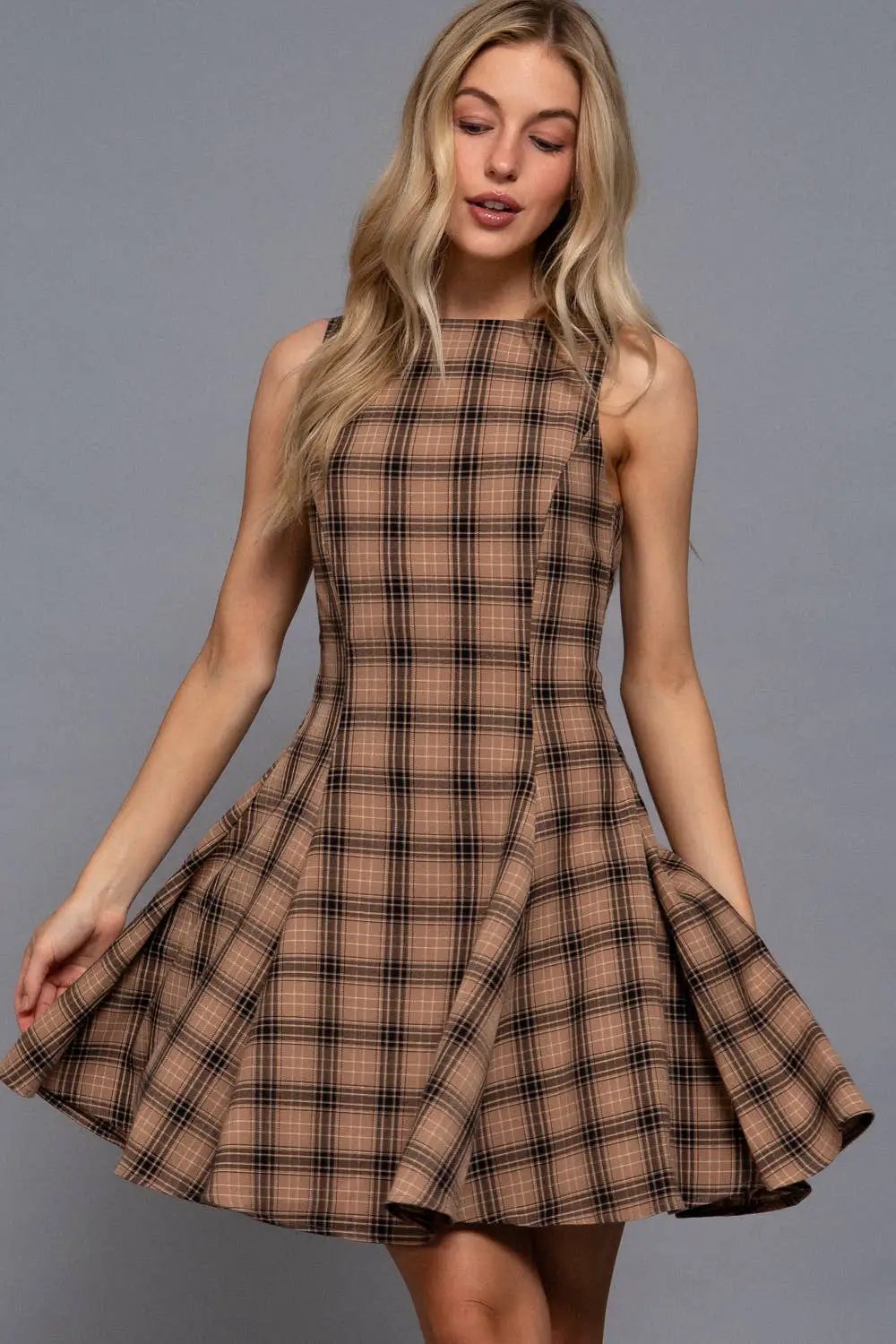 Active Basic | Active USA Active Basic | Active USA - Sleeveless Boat Neck Swing Plaid Woven Mini dress in Khaki/Black - Dresses Sleeveless Boat Neck Swing Plaid Woven Mini Dress