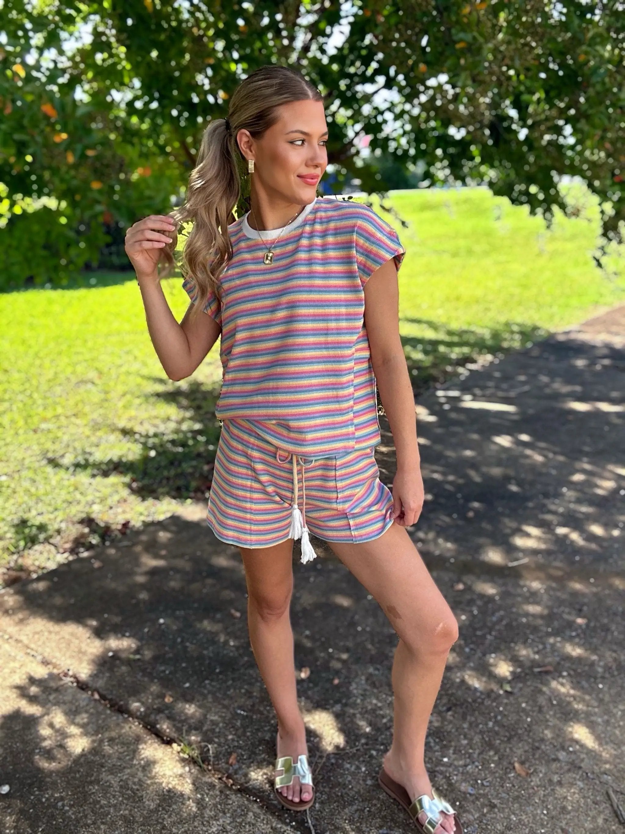 Grateful Threads Boutique Summer Stripes Lounge Set – Tee & Tassel Shorts - Outfit Sets