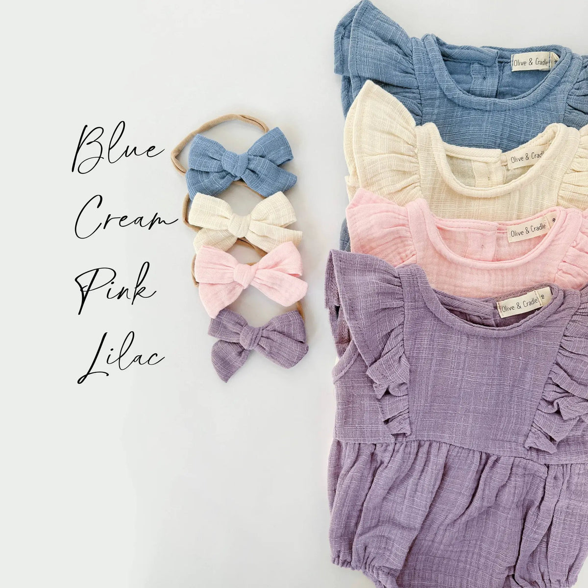 OLIVE & CRADLE The Sweet Pea Ruffle Bubble Romper + Bow Set - Baby One-Pieces