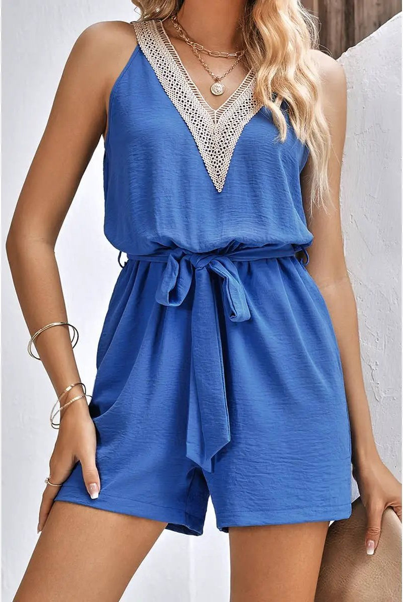 Supreme Fashion Lace Trim V Neck Sleeveless Tank Romper - One-Pieces Lace Trim V Neck Sleeveless Tank Romper