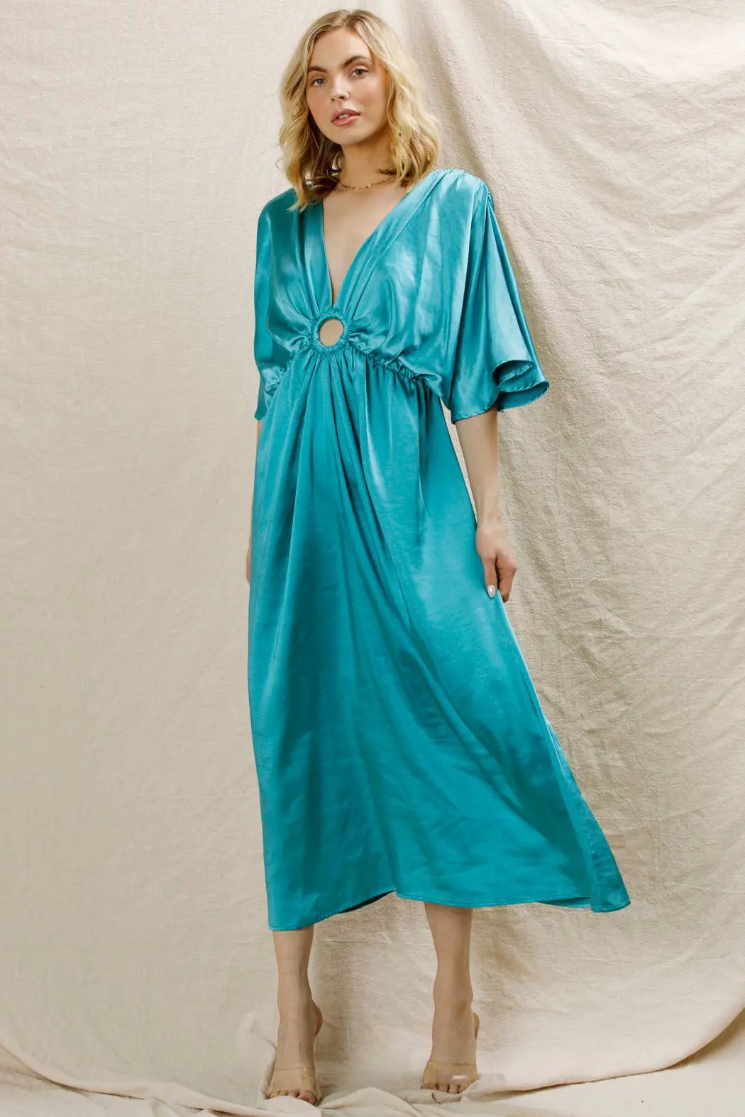 En Crème En Crème Aqua V-Neck Satin Maxi Dress with O-Ring Detail - Dresses Satin maxi dress with O-ring detail
