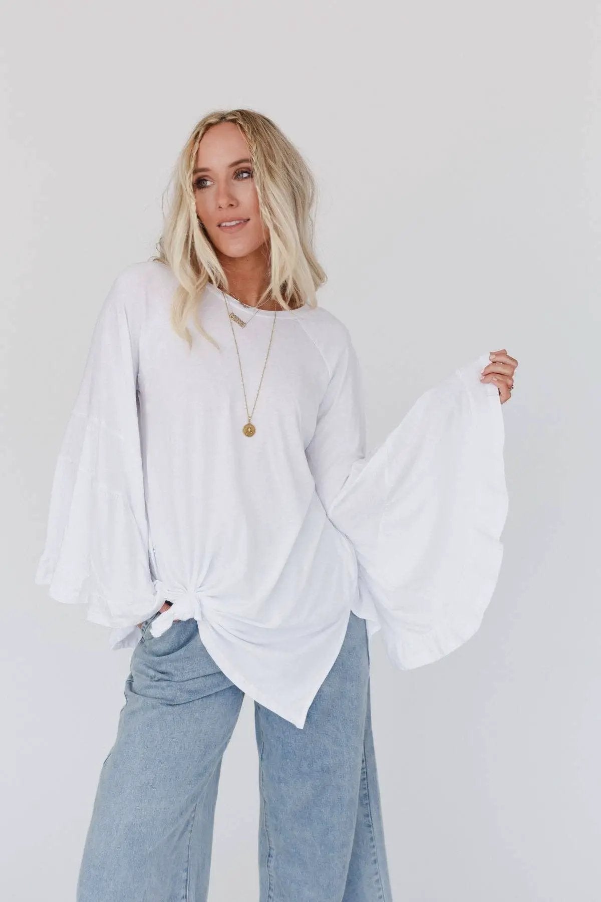 Three Bird Nest Three Bird Nest - Bell Sleeve Baseball Tee - White - Blouses tops-blouses