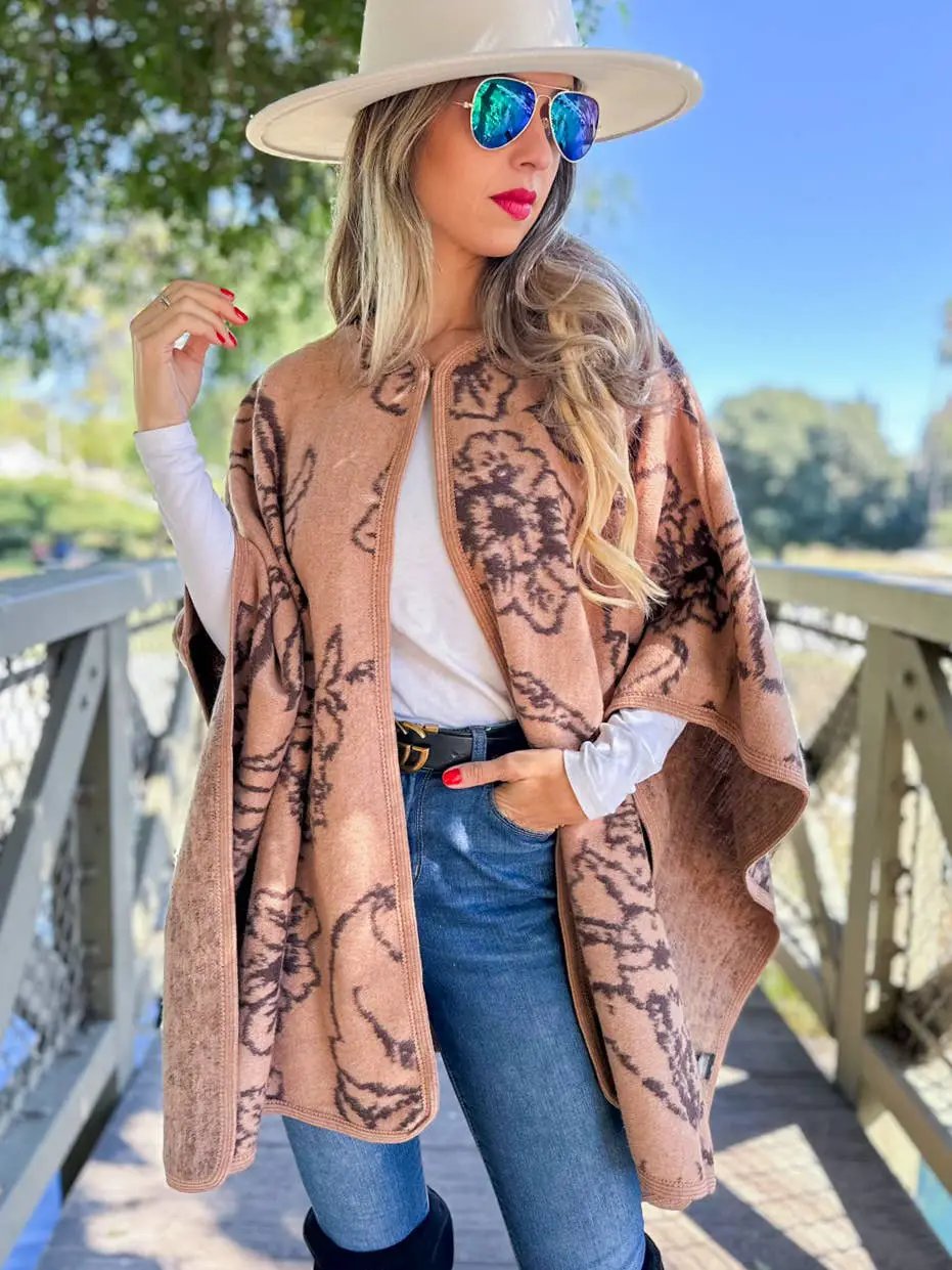 AMOLI AMOLI - Camel Elegant Floral Print Cape Shawl Ruana Cardigan - Cardigans