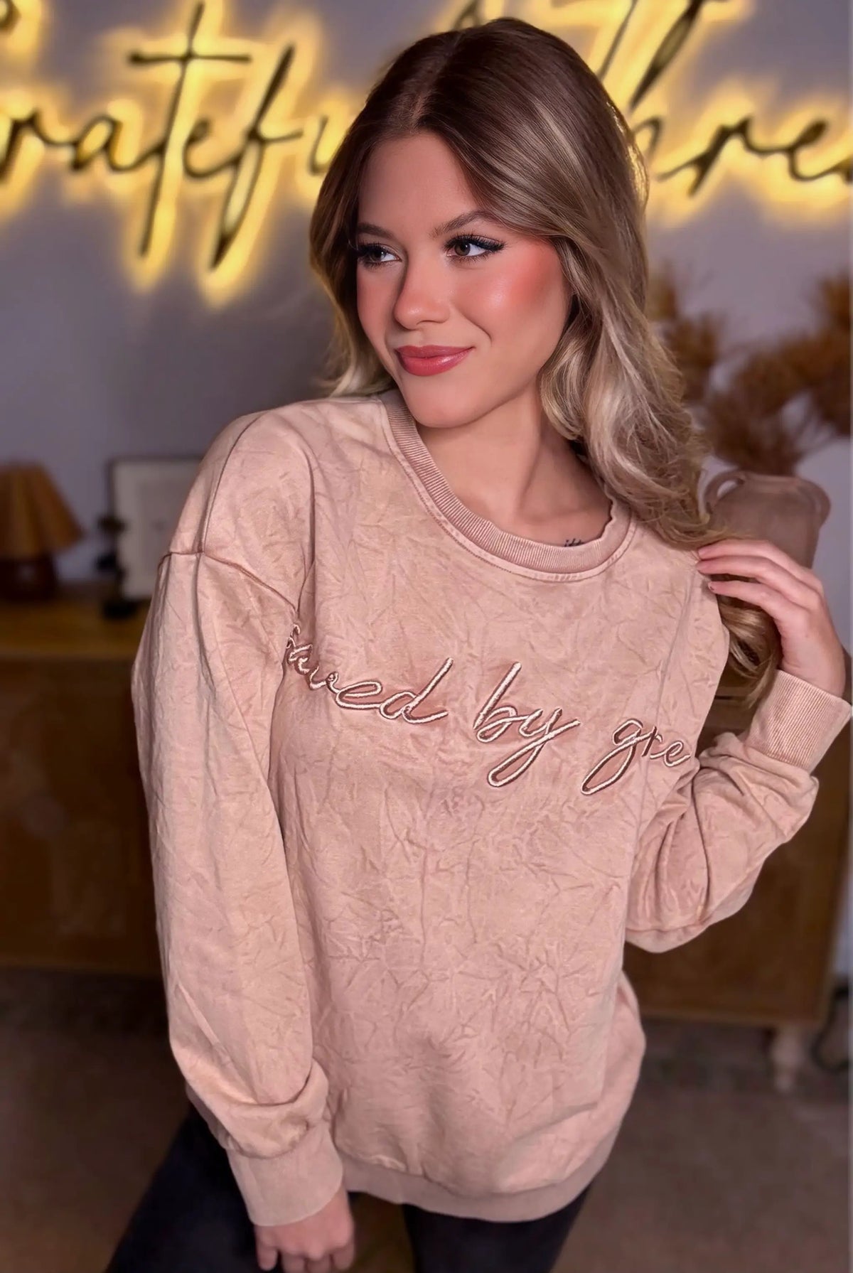 Grateful Threads Boutique “Saved By Grace” Letter Embroidery Mineral Wash Loose Sweatshirt - Sweatshirts DUNE saved by grace Letter Embroidery Mineral Wash Loose Sweatshirt