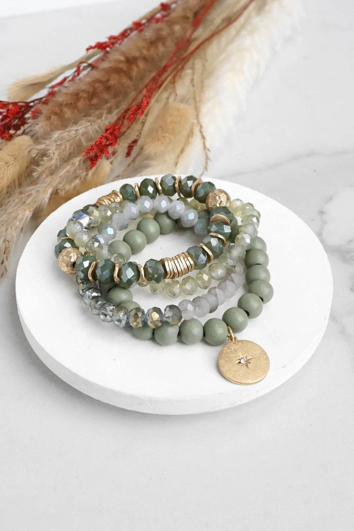 PennyLine inc The Olive Beaded Coin Stack Bracelet Set - Bracelets beaded bracelets stack in olive green