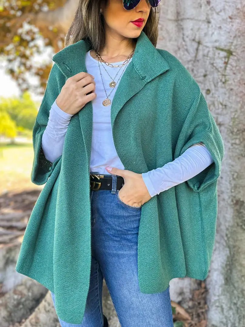 AMOLI AMOLI - Green Solid Knitted Cardigan with Neck Button - Cardigans