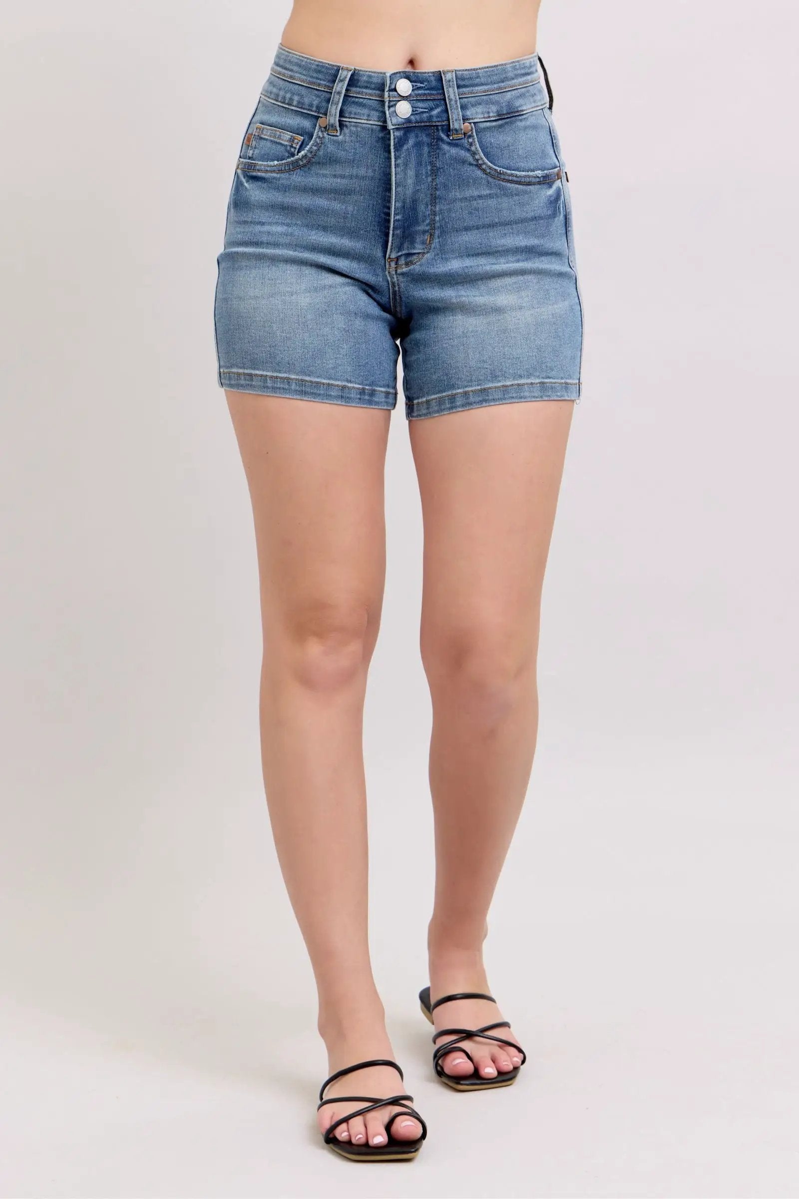 Judy Blue The High Waist Tummy Control Cool Denim Double Waistband Shorts - Denim Shorts Judy Blue Double Waistband Shorts