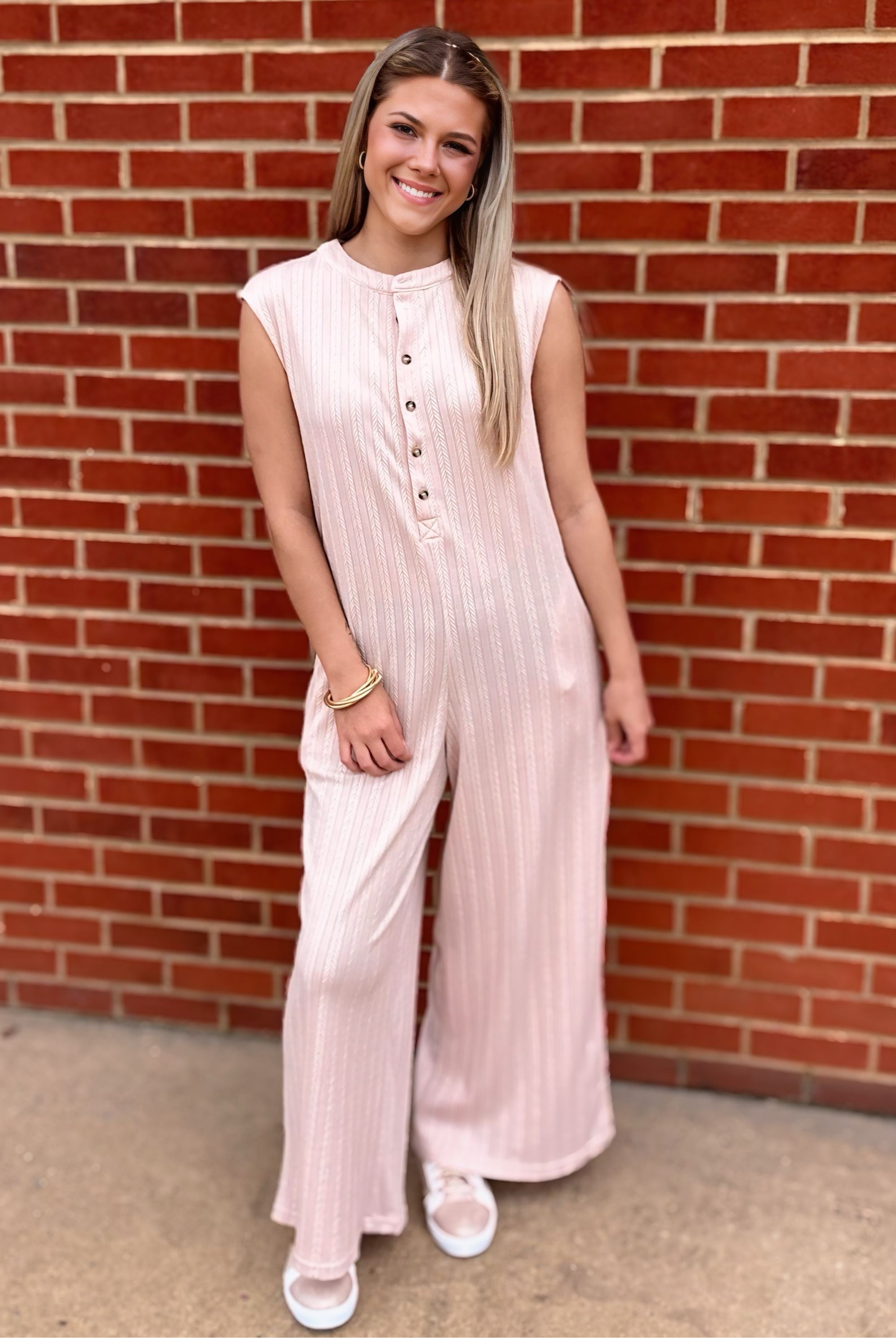 Grateful Threads Boutique Textured Buttoned Wide Leg Sleeveless Jumpsuit – Smoke Gray Chic - One-Pieces gray wide leg sleeveless jumpsuit