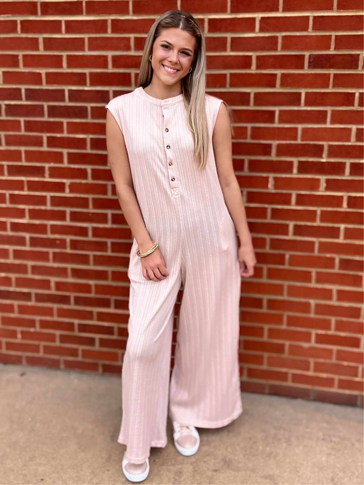 Grateful Threads Boutique Textured Buttoned Wide Leg Sleeveless Jumpsuit – Smoke Gray Chic - One-Pieces gray wide leg sleeveless jumpsuit