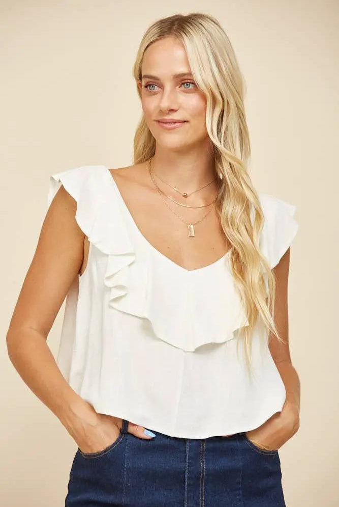 WISTERIA LANE Wisteria Lane - Soft Breeze Ruffled Linen Crop Blouse - Blouses