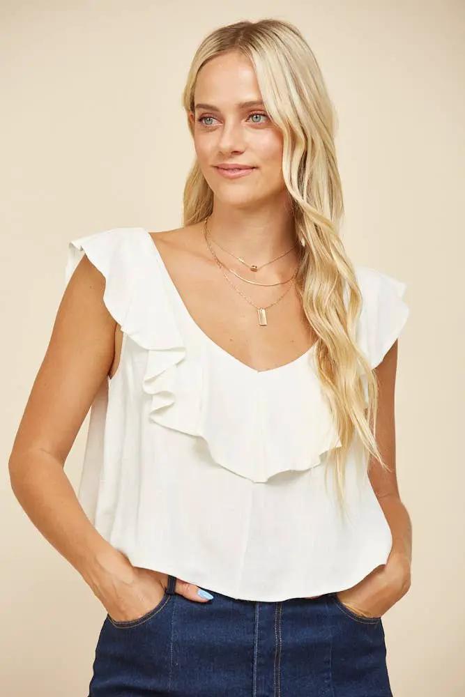 WISTERIA LANE Wisteria Lane - Soft Breeze Ruffled Linen Crop Blouse - Blouses