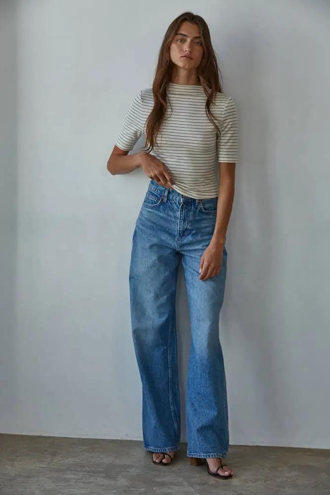 By Together Knit Mock Neck Short Sleeve Top in Cream with Black Stripe - Blouses