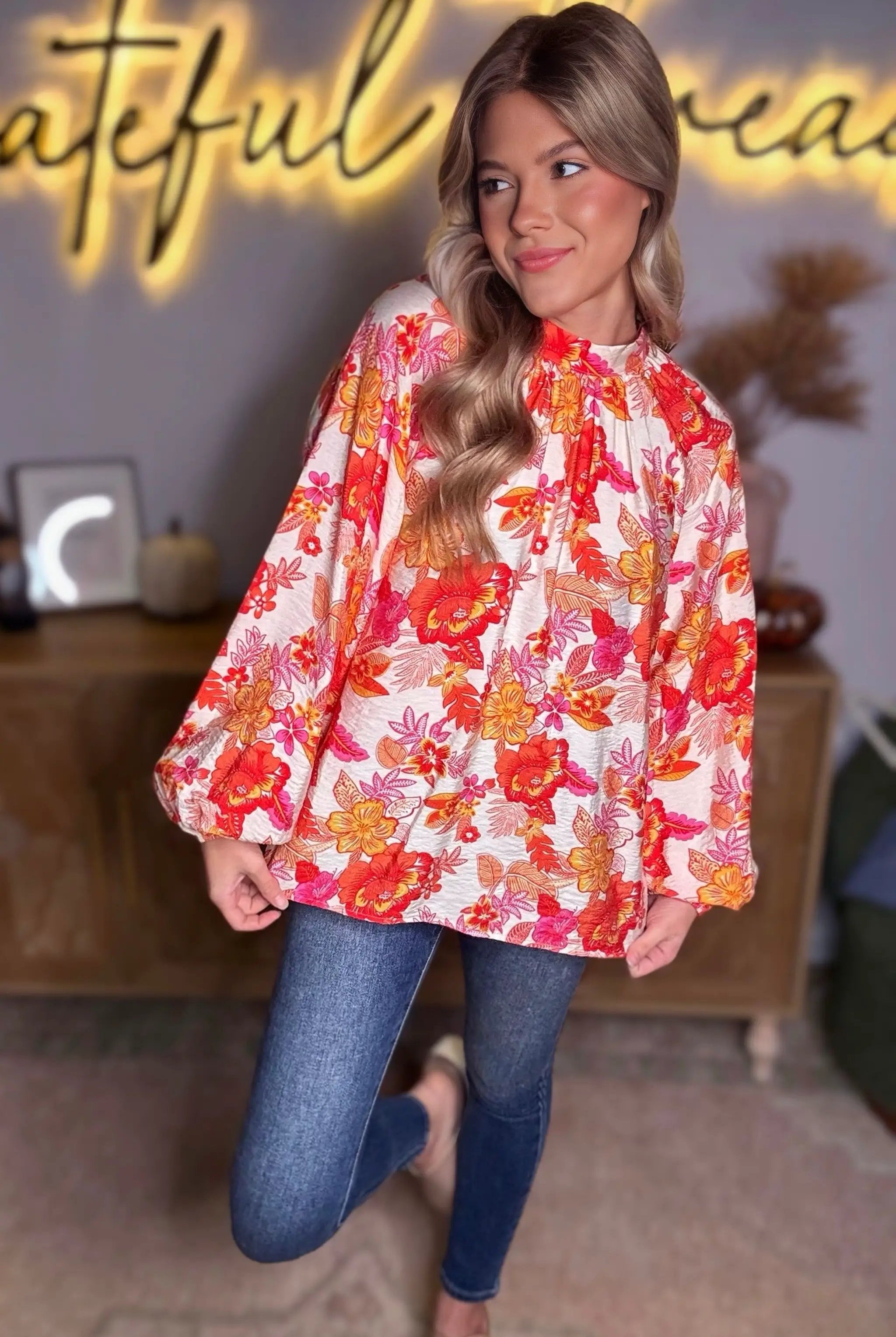 Grateful Threads Boutique Orange Floral Print Pearl Button Keyhole Long Puff Sleeve Blouse - Blouses Orange Floral Print Pearl Button Keyhole Long Puff Sleeve Blouse