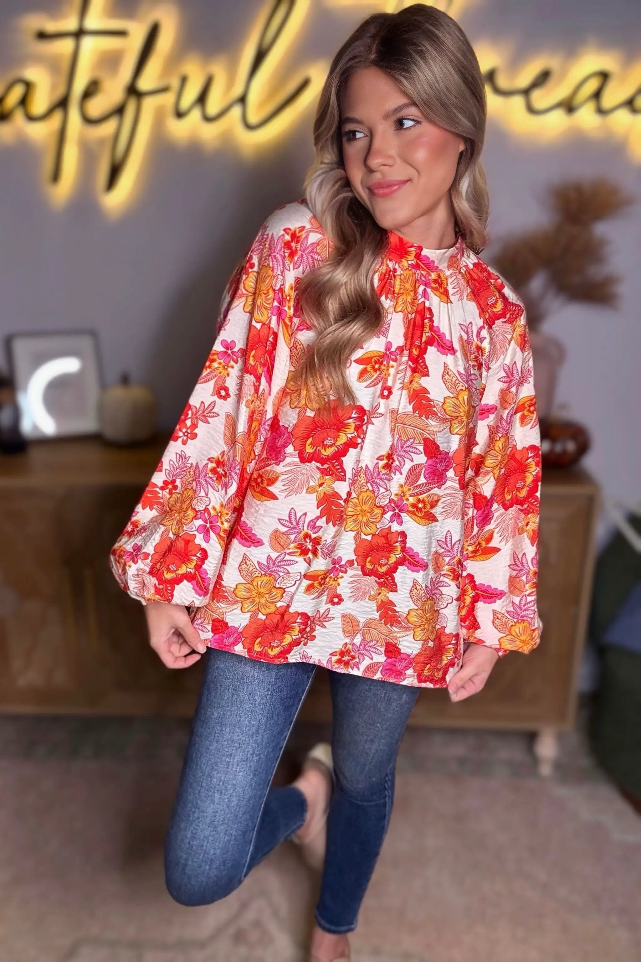 Grateful Threads Boutique Orange Floral Print Pearl Button Keyhole Long Puff Sleeve Blouse - Blouses Orange Floral Print Pearl Button Keyhole Long Puff Sleeve Blouse