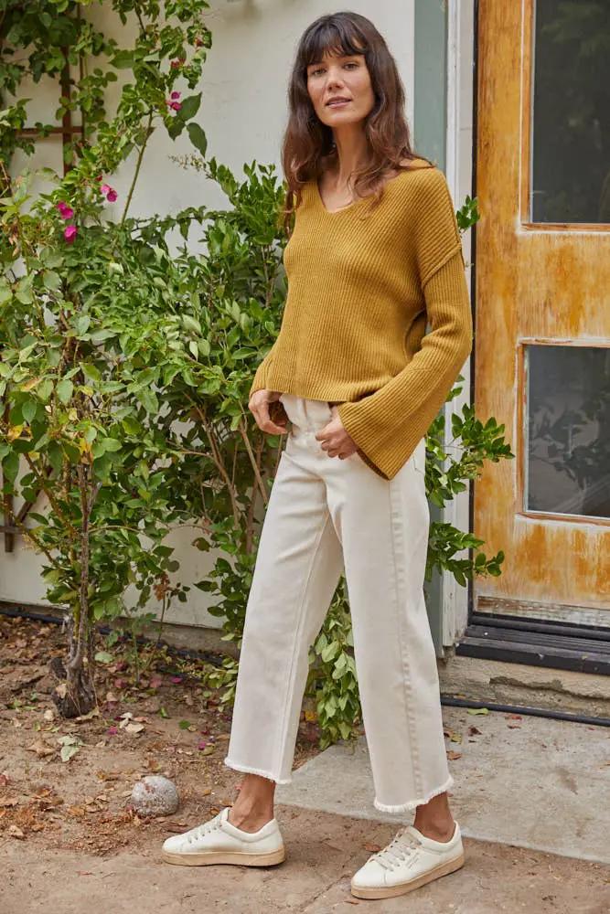 By Together Gold Bernadette Sweater - Sweaters golden mustard Knit V-Neck Long Sleeve Drop Shoulder Side Slit Loose Fit Sweater Top