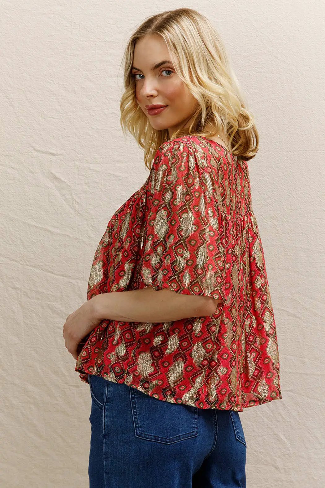 En Crème En Crème Pink Multi Short Sleeve Lurex Spotted Blouse - Blouses