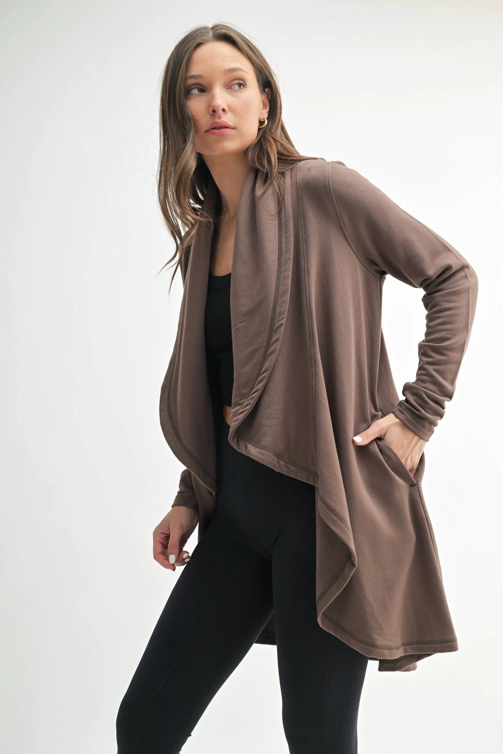 Mono B Mono B - Fleece Lined Flowy Open Cardigan in Java - Shirts Mono B - Fleece Lined Flowy Open Cardigan
