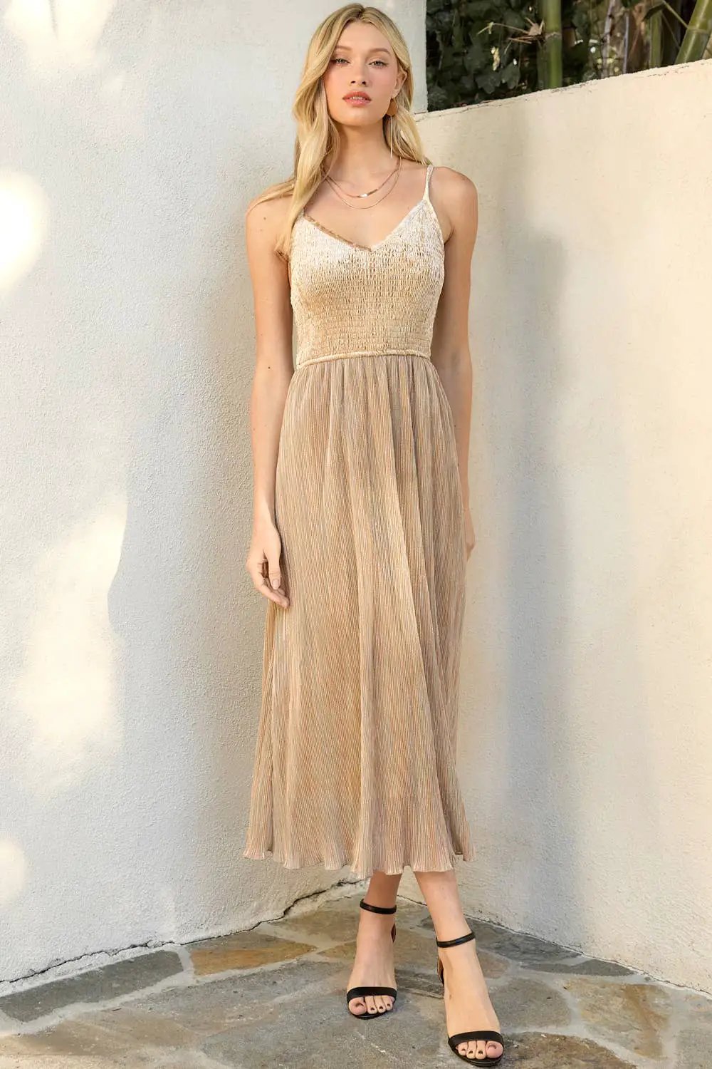 Mystree Mystree Shiny Mixed Cami Midi Dress in Champagne - Dresses