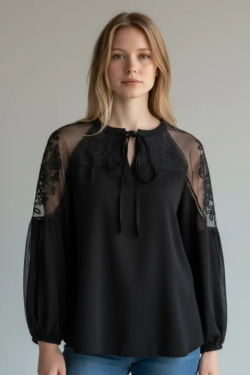 Grateful Threads Boutique The Noir Romance Lace Sleeve Blouse - Blouses Black Formal Invitation Lace Blouse