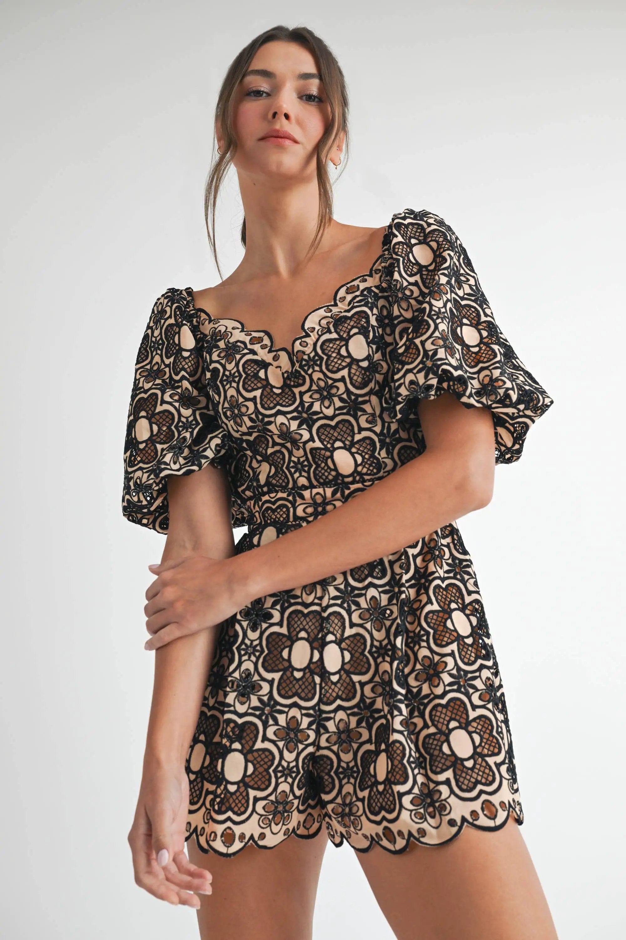 Endless Blu Endless Blu Taupe and Black Crochet Short Sleeve Romper - One-Pieces