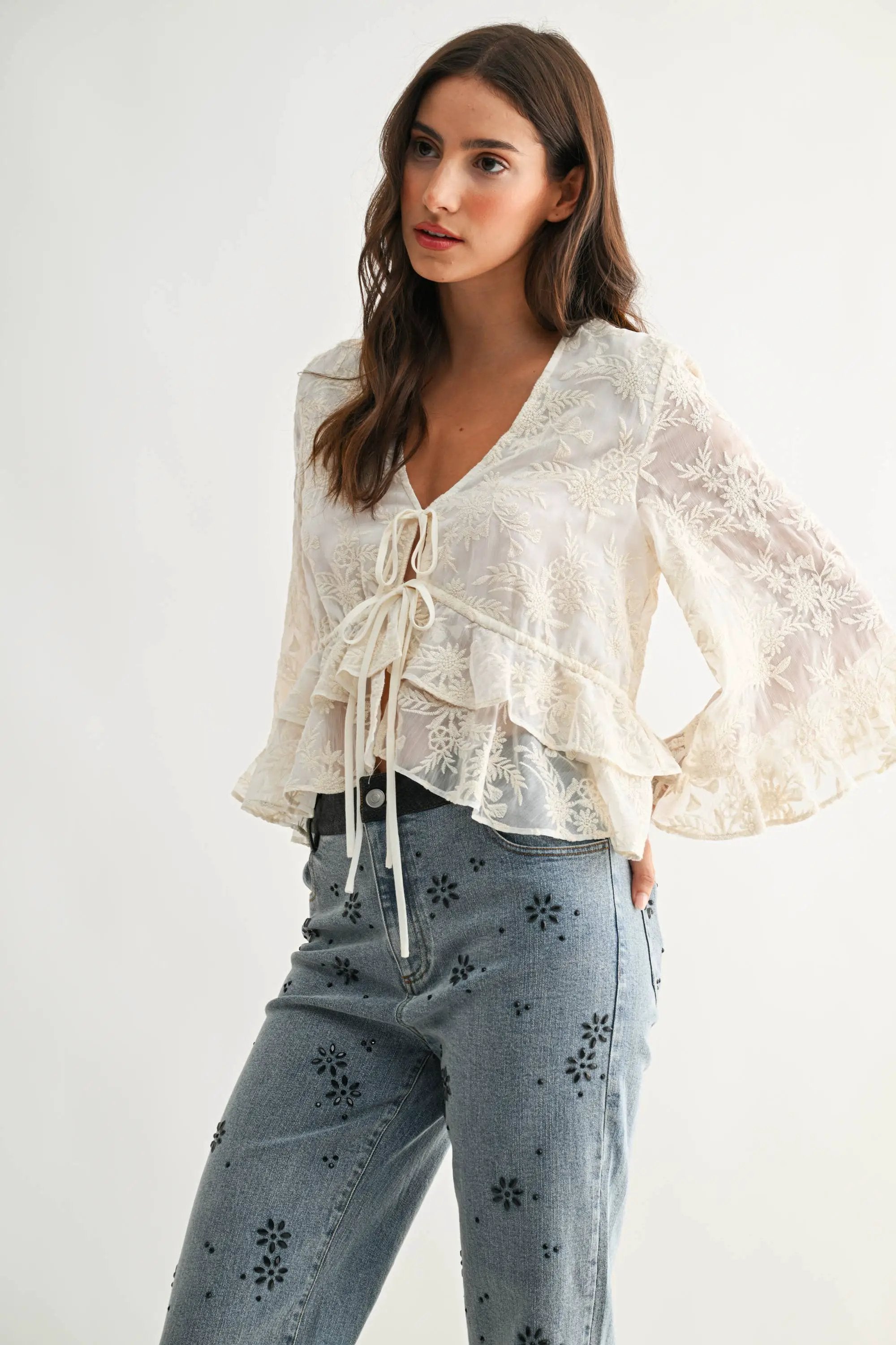 Camellia The Boho Embroidered Sheer Flowy Bell Sleeve Blouse: CREAM - Blouses