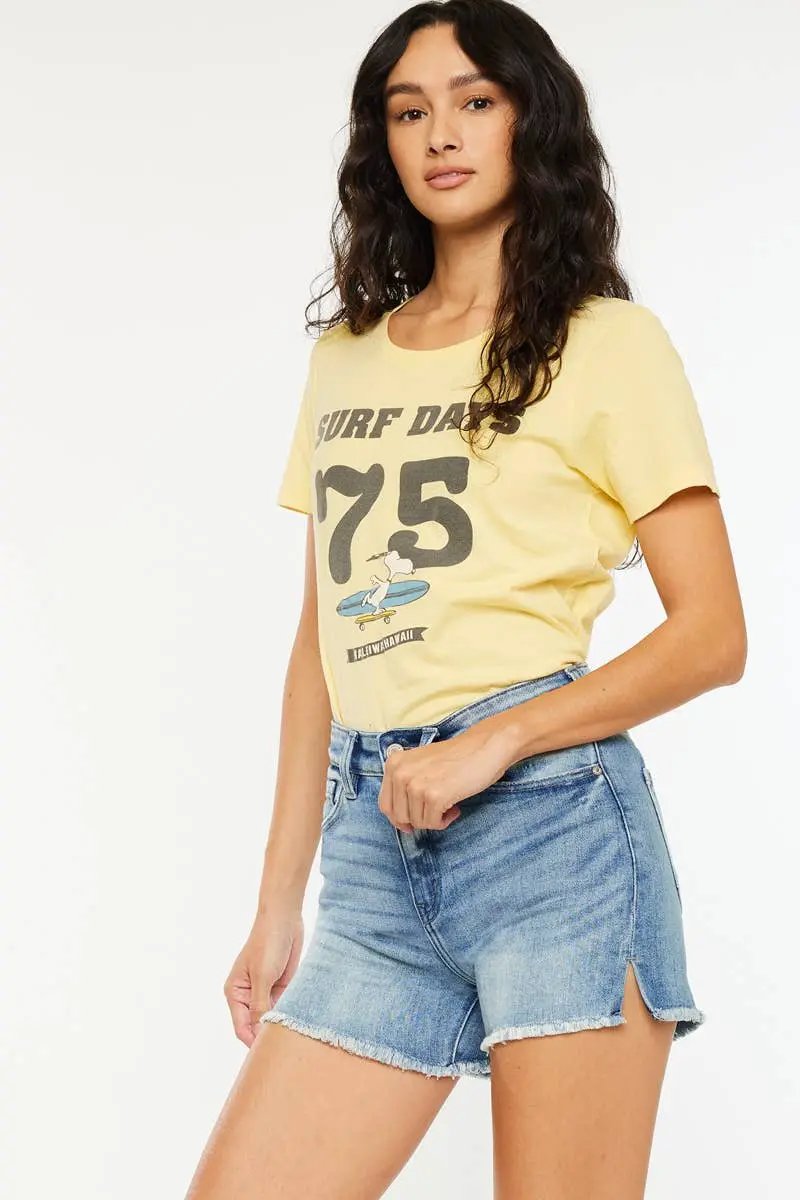 Kan Can USA KanCan High Rise Medium Wash Open Seam Side Slit Denim Shorts - Shorts