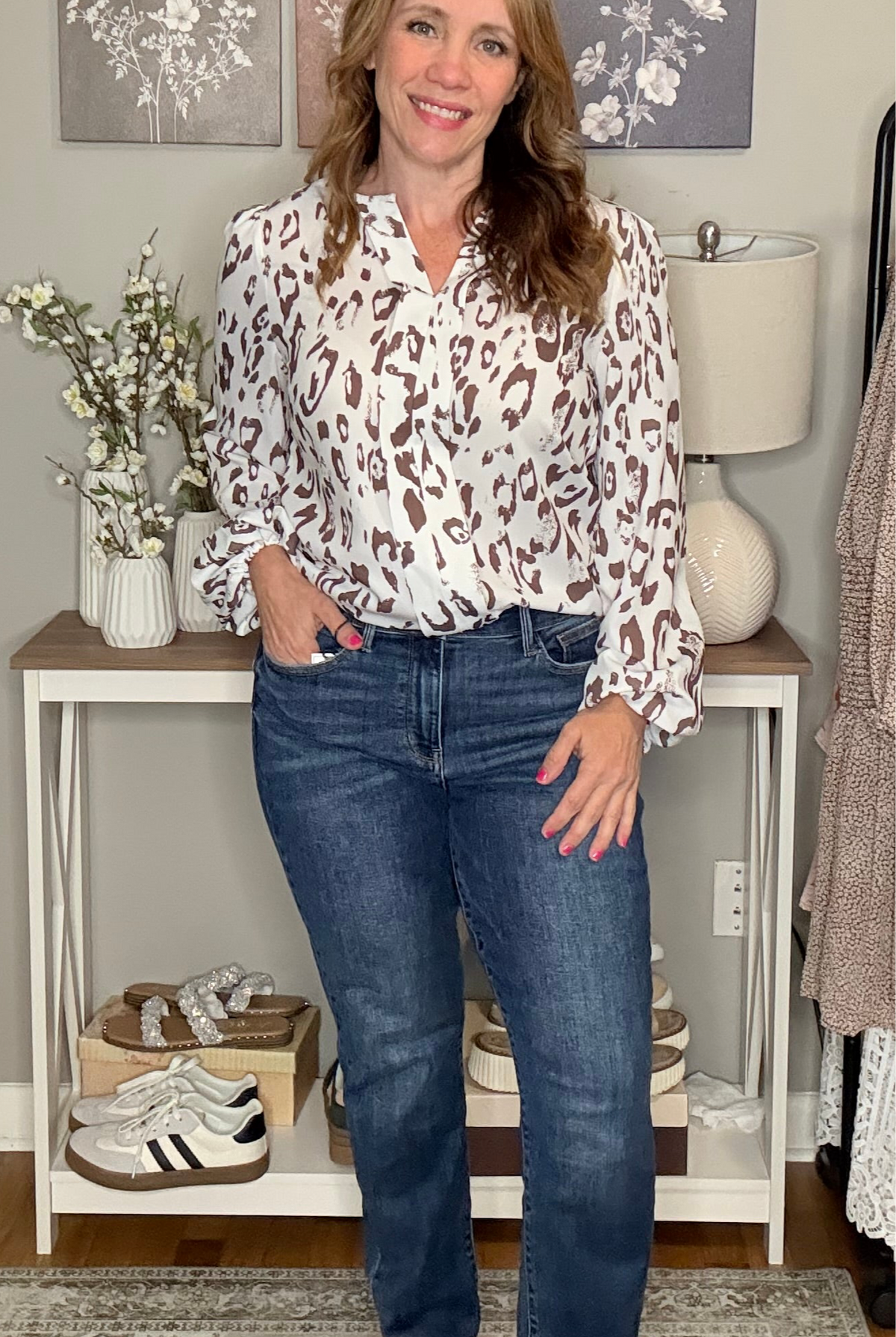Grateful Threads Boutique Khaki Leopard Print Split Neck Balloon Sleeve Blouse - Blouses Leopard Print Balloon Sleeve Blouse