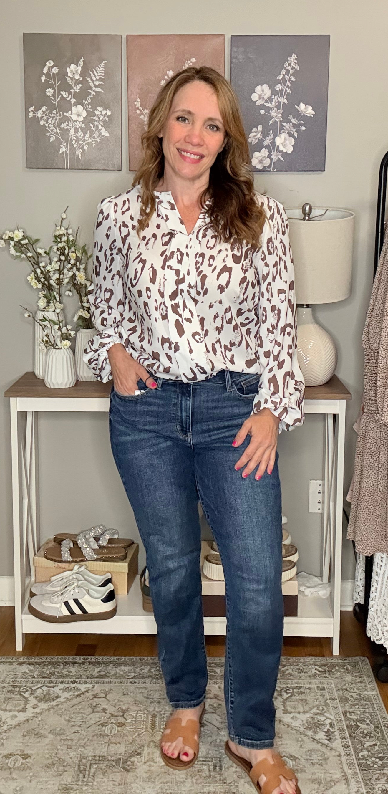 Grateful Threads Boutique Khaki Leopard Print Split Neck Balloon Sleeve Blouse - Blouses Leopard Print Balloon Sleeve Blouse