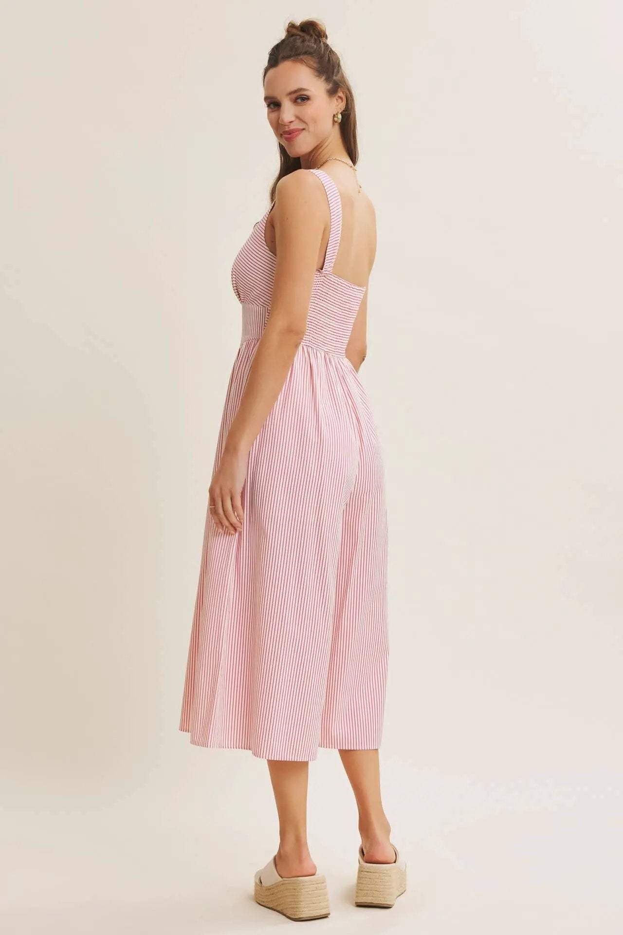 in february The Modern Ease Classic Pinstripe Wide-Leg Jumpsuit: Fuchsia - One-Pieces