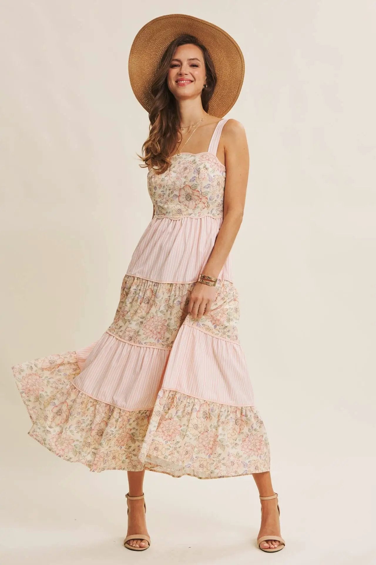 in february The Dreamy Tiered Patchwork Midi Dress: Peach Multi - Dresses