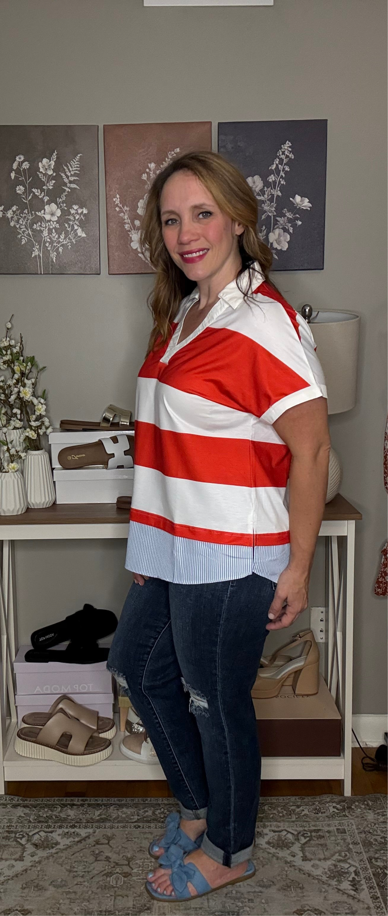 Grateful Threads Boutique Red Stripe Collar V Neck Cuffed Dolman Short Sleeve Top - Clothing Tops red stripe collar v neck
