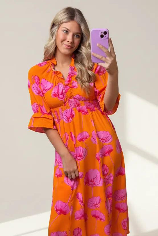 Grateful Threads Boutique Orange Floral Print Frilly Smocked V Neck 3/4 Sleeve Long Dress - Dresses Orange Floral Print Frilly Smocked V Neck 3/4 Sleeve Long Dress
