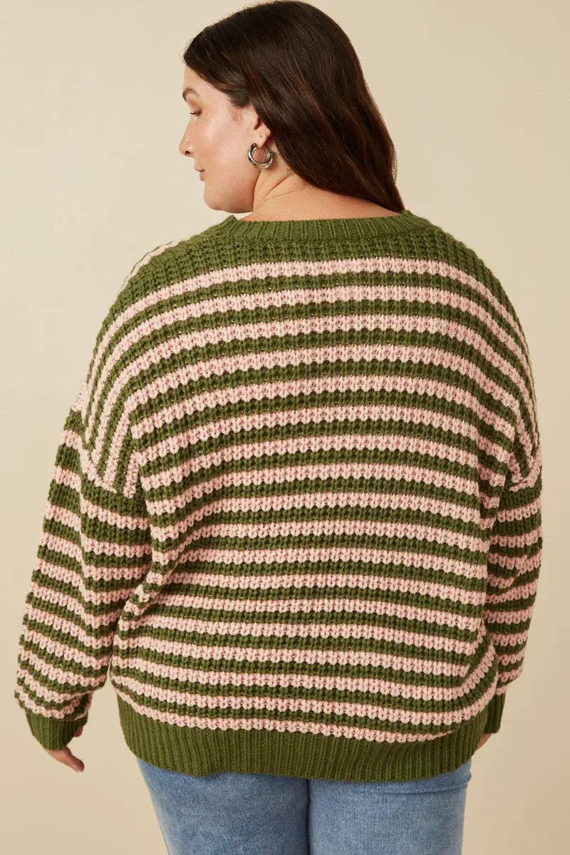 Hayden LA Hayden LA - Womens Striped Drop Shoulder Low Gauge Sweater: Olive & Pink Mix - Sweaters