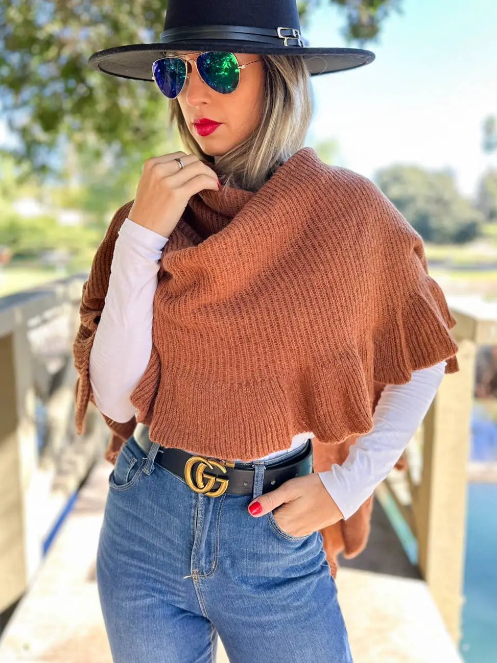 AMOLI The Soft Brown Ruffle Detail Open Front Lightweight Ruana Shawl - Scarves & Shawls
